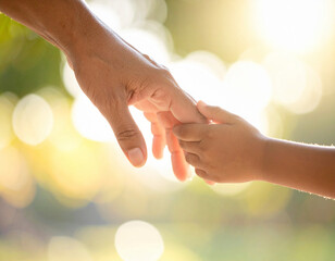 Elder hand holding child hand at sunset – intergenerational connection, care, family love