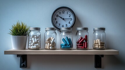 A wooden shelf displays five glass jars filled with colorful capsules. A small plant and a clock are also present, creating a tidy and organized look.