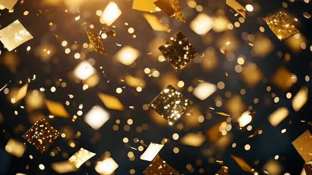 Golden Glittering Confetti Falling in Dark Background with Sparkling Bokeh Lights Creating Festive Celebration Atmosphere

