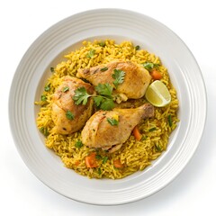 top view of brazilian galinhada in on plate on white background 