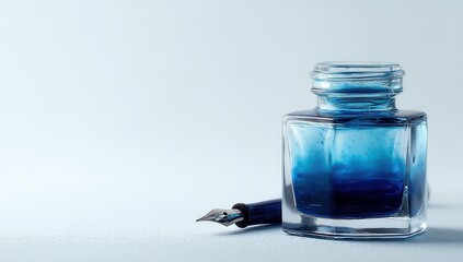 A glass inkwell filled with vibrant blue ink sits beside a fountain pen on a light blue background
