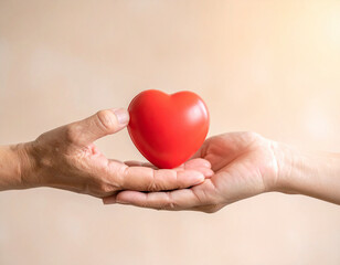 Obraz premium Red heart passed between hands – symbol of love, compassion and human kindness