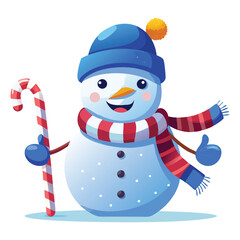 Festive Cartoon Snowman with Blue Hat and Candy Cane Illustration