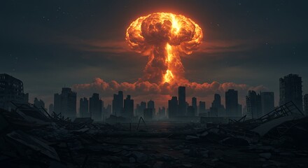Apocalyptic Skyline Mushroom Cloud Rises Over Ruined City
