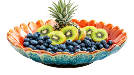 Vibrant mixed fruit bowl with kiwi, pineapple, and blueberries isolated on transparent background 