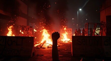 Nighttime Protest A Fist Raised Amidst Burning Barricades