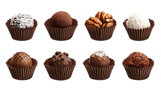 Set of chocolate truffles in paper cups, assorted toppings like coconut, cocoa, and nuts isolated on transparent background 