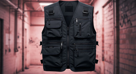 Stylish black tactical vest displayed against a blurred urban industrial background