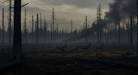 Post-Apocalyptic Forest Deer Fleeing Burning Landscape