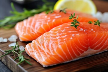 Two salmon fillets on a wooden board with lemon and rosemary garnish.