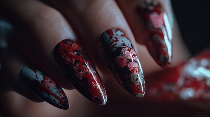 A meticulously crafted close-up of nail art showcasing intricate designs in vibrant black and red shades, representing modern beauty trends and artistic creativity in nail design.