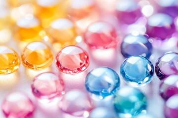 Colorful translucent gel beads or spheres close up with bright light and soft focus.