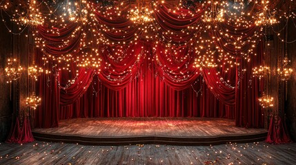 Red velvet stage curtains illuminated by string lights and candle-like fixtures