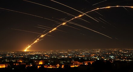 Night Sky Illuminated by Trailing Rocket Fire over Cityscape
