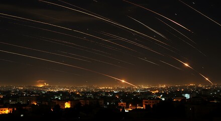 Nighttime Aerial Assault Streaks of Light Across Cityscape