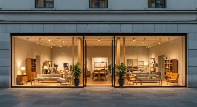 Modern furniture store facade showcasing minimalist interior design and urban reflections