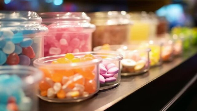 Assorted dragee and jelly candies create a colorful display at the candy store counter.