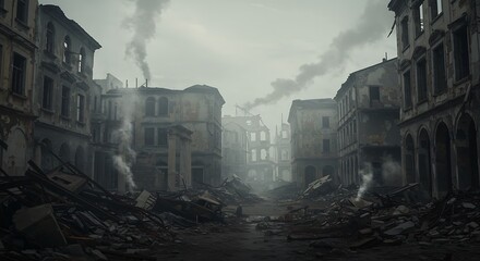 Desolate Cityscape Post-Apocalyptic Ruins and Smoke-Filled Streets