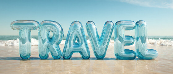 A 3D digital rendering of the letter "TRAVEL" in a rounded font style. 