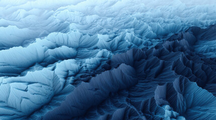 A detailed 3D topographic map in shades of blue showing mountain ranges and valleys with intricate elevation patterns.