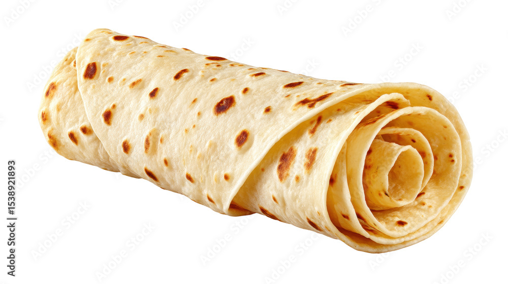 Poster rolled flatbread isolated on transparent background with soft texture and golden spots