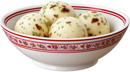Steamed rice balls isolated on transparent background in decorative bowl with herbs
