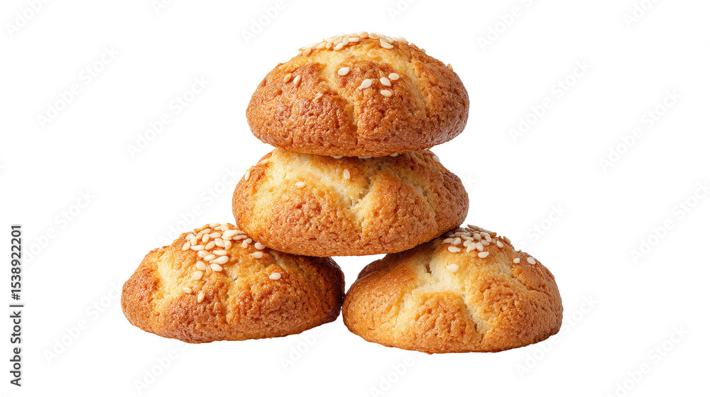 Poster isolated sesame cookie stack on transparent background with golden brown texture and fresh look