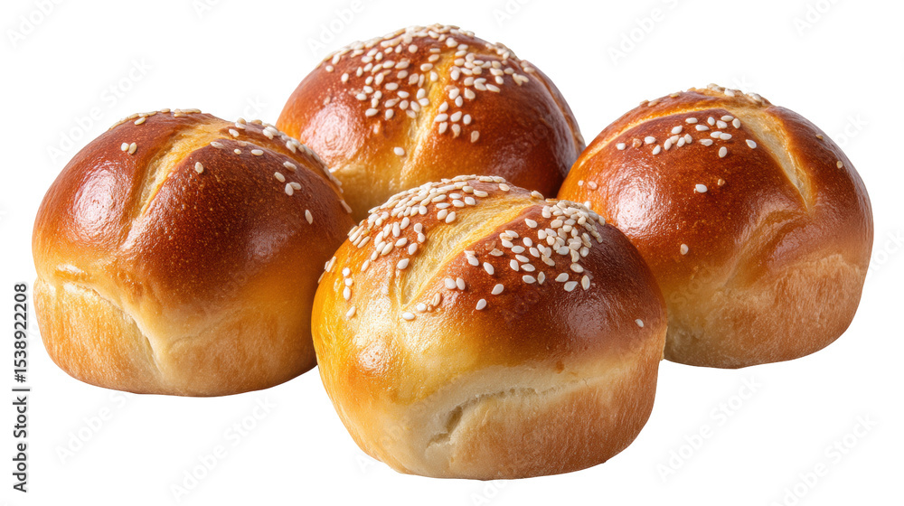 Poster soft bread roll isolated on transparent background with sesame seed topping in group of four