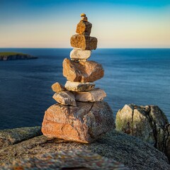 Stone Cairn Stacked on Cliff Edge with Ocean and Island View at Sunset - Coastal Landscape Photography