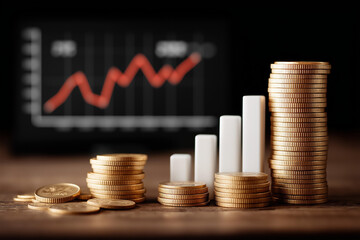 A stack of golden coins next to a growing bar graph and financial reports, futuristic holographic interface, dark background, concept of investment and digital finance