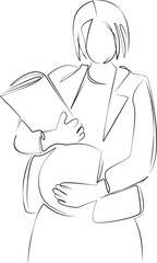 One continuous line drawing on white isolated background. Minimalism linear illustration. document, indoor, pregnant, female, businesswoman, mother, working, office, woman