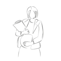 One continuous line drawing on white isolated background. Minimalism linear illustration. document, indoor, pregnant, female, businesswoman, mother, working, office, woman