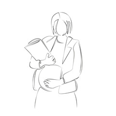 One continuous line drawing on white isolated background. Minimalism linear illustration. document, indoor, pregnant, female, businesswoman, mother, working, office, woman