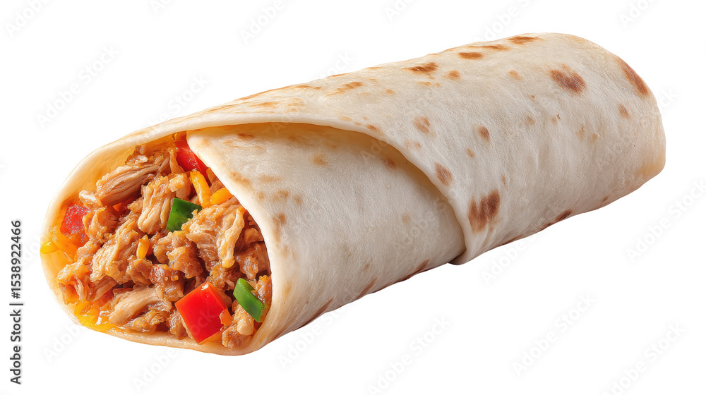 Poster pulled chicken wrap isolated on transparent background with colorful vegetables and cheese inside