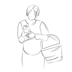 One continuous line drawing on white isolated background. Minimalism linear illustration. enjoyment, groceries, lifestyles, retail, shopping, store, women, pregnant, buying