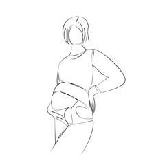One continuous line drawing on white isolated background. Minimalism linear illustration. mother, woman, support, bandage, corset, pregnant, abdomen, belt, care, medicine