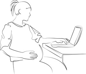 One continuous line drawing on white isolated background. Minimalism linear illustration. computer, pregnant, woman, office, sitting, business, working, person, businesswoman, desk