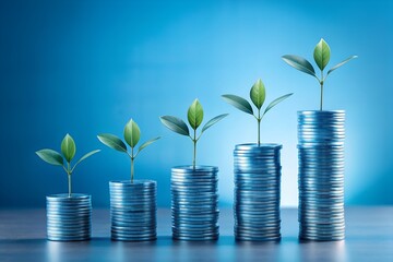 Minimalist Blue-Toned Startup Funding Cycle Concept with Stylized Coin Plants