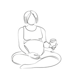 One continuous line drawing on white isolated background. Minimalism linear illustration. woman, wine, pregnant, drinking, indoor, risk, lifestyle, choice