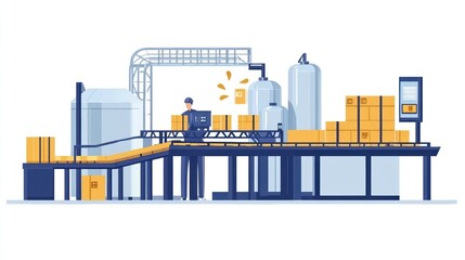 Obraz premium Automated industrial production line showing packaging and processing of goods, featuring conveyors, machinery, and a worker overseeing the process