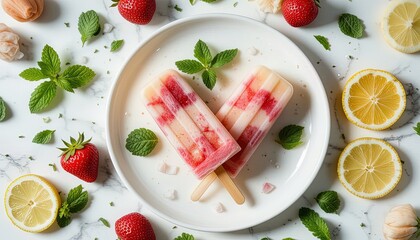 Two strawberry lemonade popsicles on a plate with fresh mint and lemon slices.