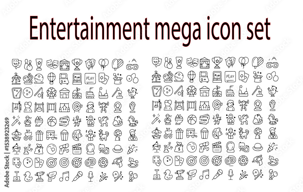 Poster entertainment mega icon set featuring a wide array of diverse and varied symbols and representations