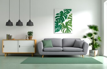 Simple living room with white walls, grey sofa, and Scandinavian decor.