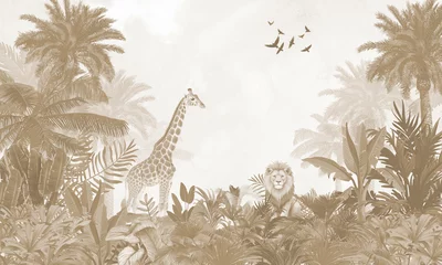 Rideaux  Aged Wildlife Wall Mural: Faded Sepia Giraffe, Lion & Tropical Forest Background  © csinie1