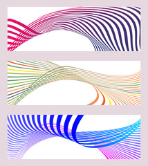 Wavy lines or ribbons. Set of 3 backgrounds. Multicolored striped gradient. Creative unusual background with abstract wavy lines. Fashionable banner, poster. eps vector