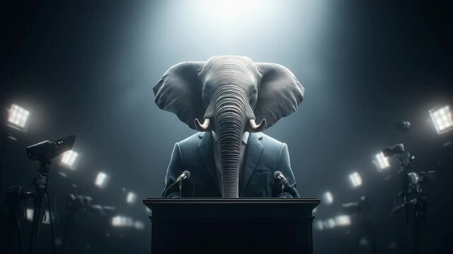 Elefant in Anzug spricht bei politischer Rede am Wahlpult. K&uuml;nstliche Intelligenz KI