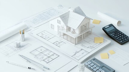 Architectural plans, model house, and tools