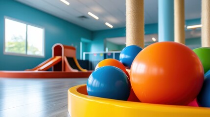 A vibrant and whimsical indoor cat playground featuring colorful furniture and structures for feline and activity.