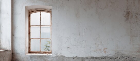 A weathered, arched window in a dilapidated, off-white wall