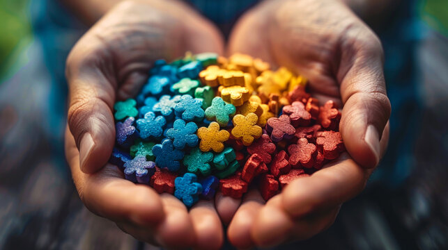 Hands gently holding colorful puzzle pieces in a rainbow pattern, symbolizing autism awareness, support, inclusion, and neurodiversity.